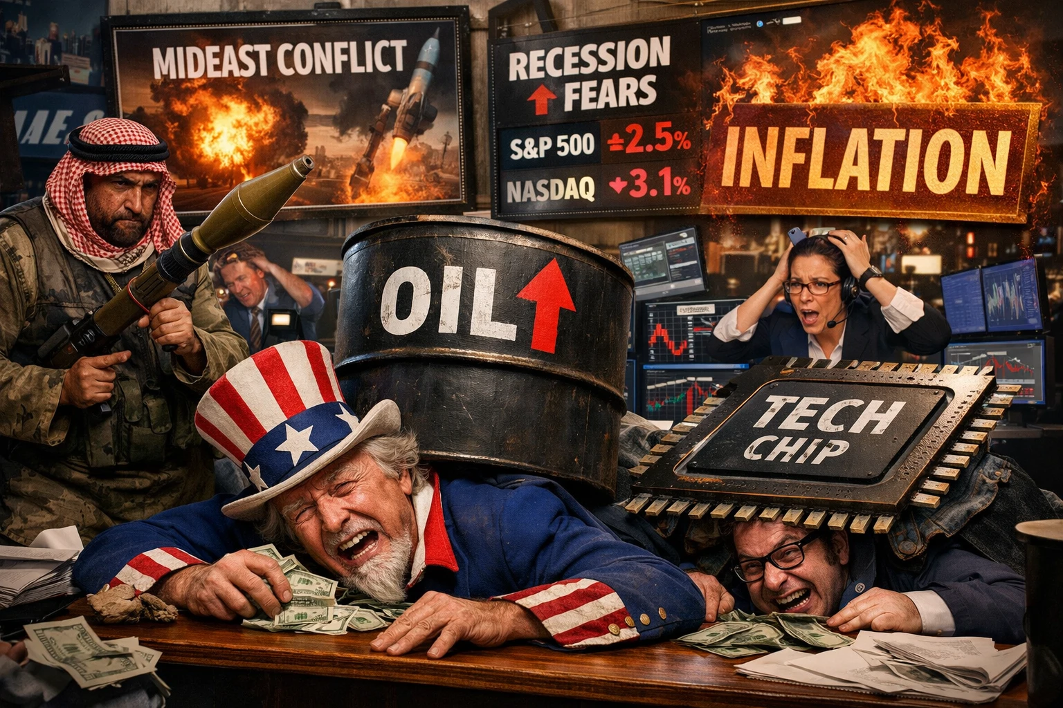 중동 전쟁, 유가 급등, 인플레이션 공포, 반도체 압박이 동시에 시장을 짓누르는 장면을 풍자한 대표 이미지