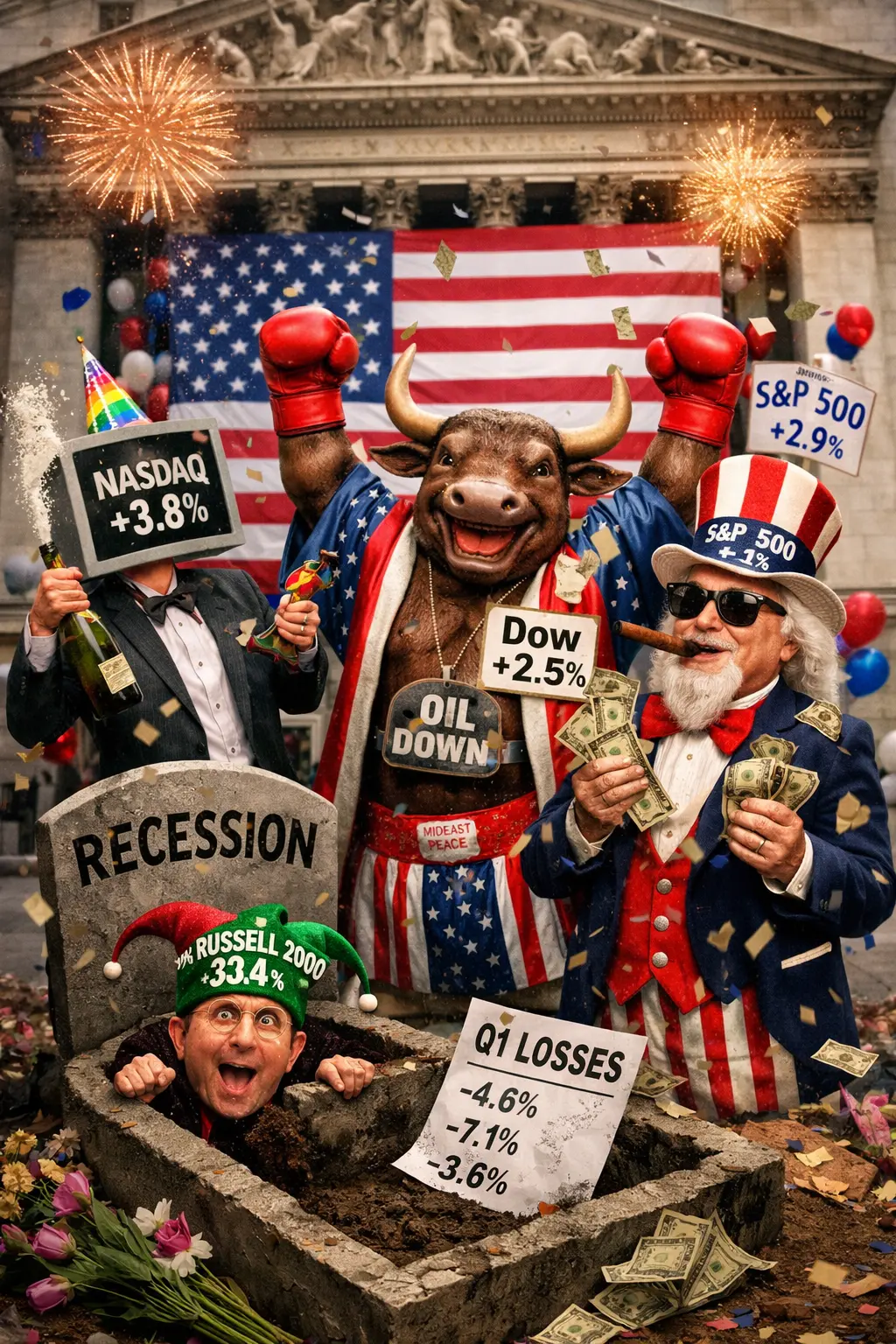유가 하락과 분기 말 안도 랠리 속에서도 1분기 손실과 침체 공포가 함께 남아 있는 미국 시장을 풍자한 대표 이미지