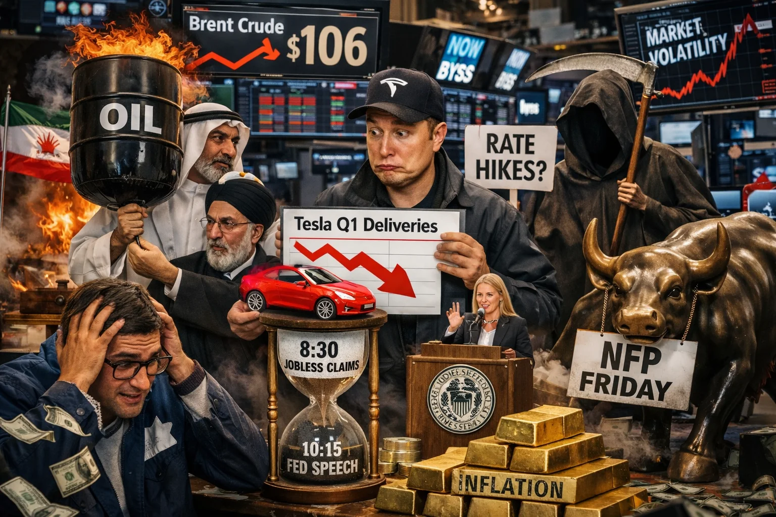 유가 급등, 테슬라 인도량 대기, 고용지표 불안, 연준 경계감이 한 화면에 겹친 미국 시장의 혼란을 풍자한 대표 이미지