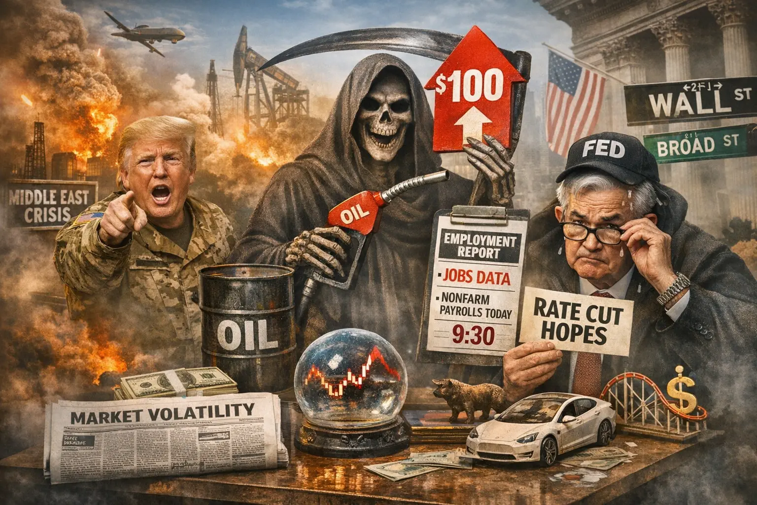 트럼프의 중동 전쟁 발언, 급등한 유가, 테슬라 실망, 오늘 밤 고용보고서를 앞둔 월가의 변동성을 풍자한 대표 이미지